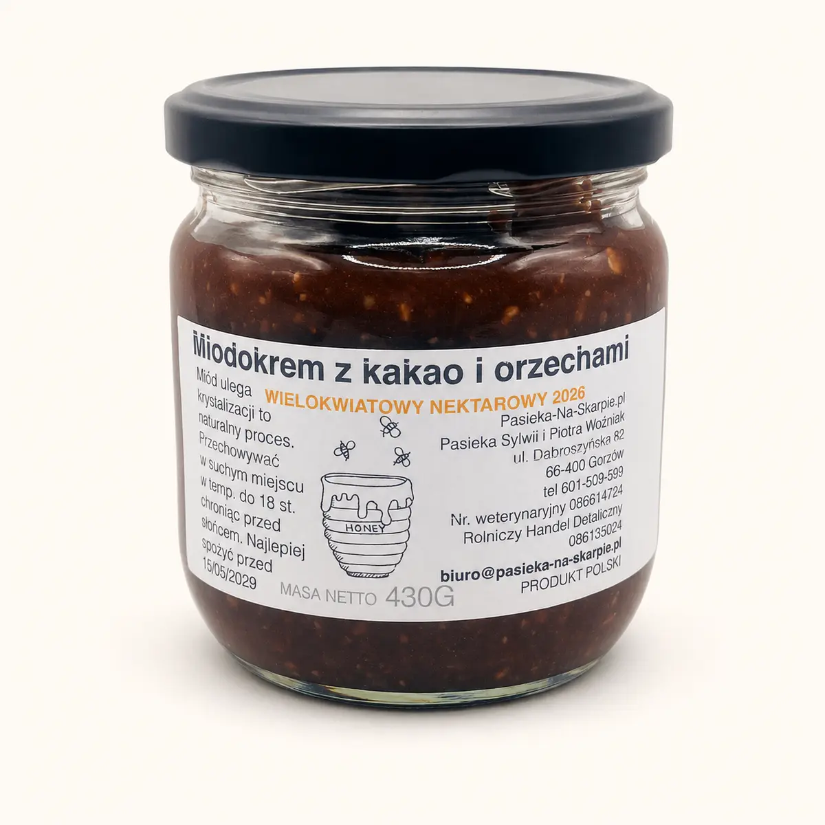 Miodokrem z kakao i orzechami 430 g – Pasieka Na Skarpie