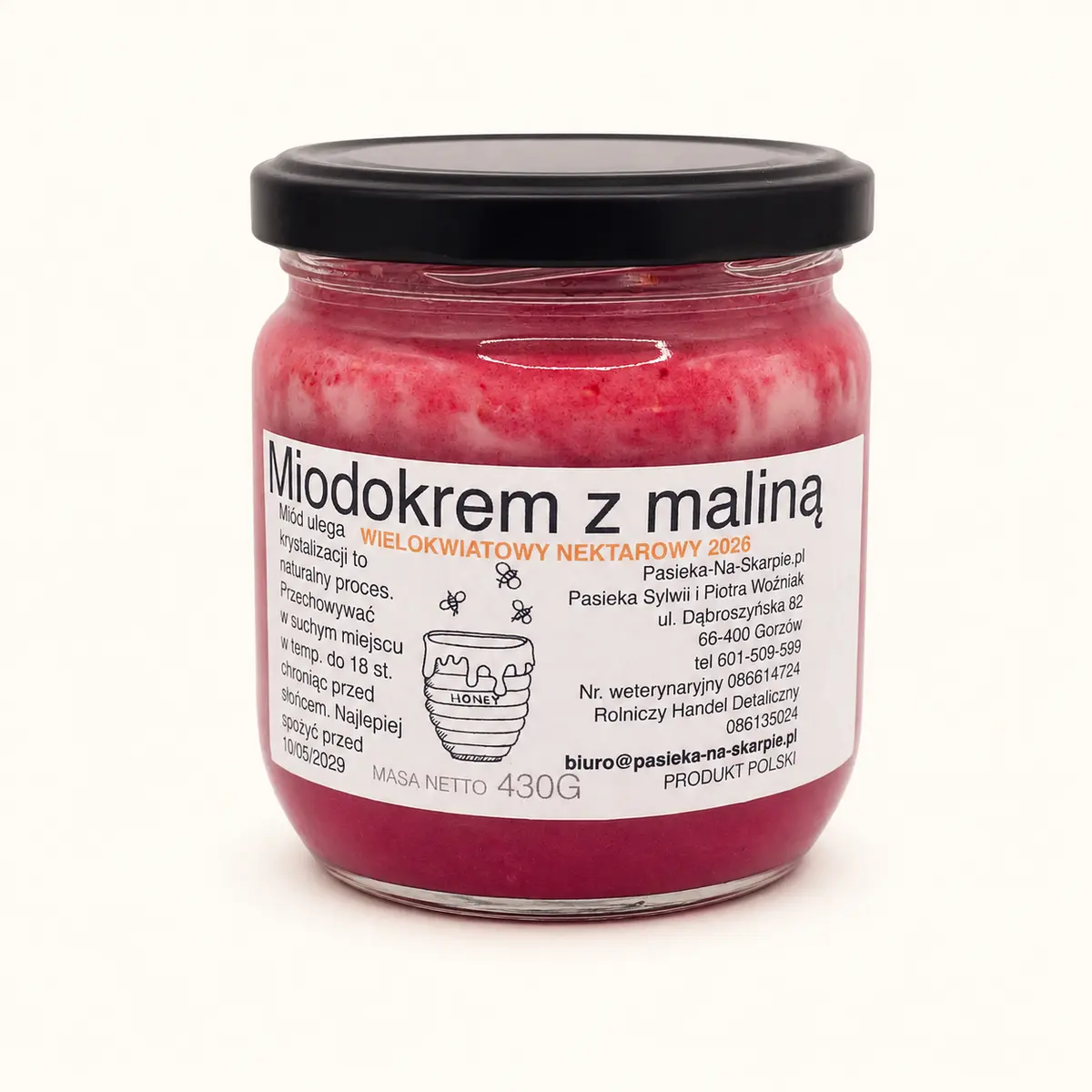 Miodokrem z maliną 430 g – Pasieka Na Skarpie