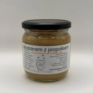 Miodokrem z propolisem 430 g – słoik z etykietą
