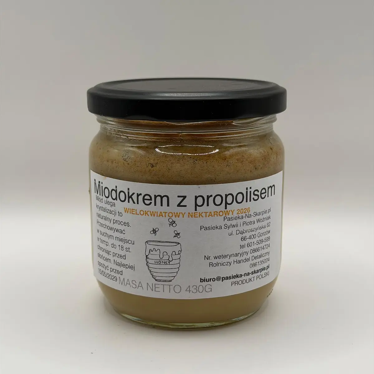 Miodokrem z propolisem 430 g – słoik z etykietą