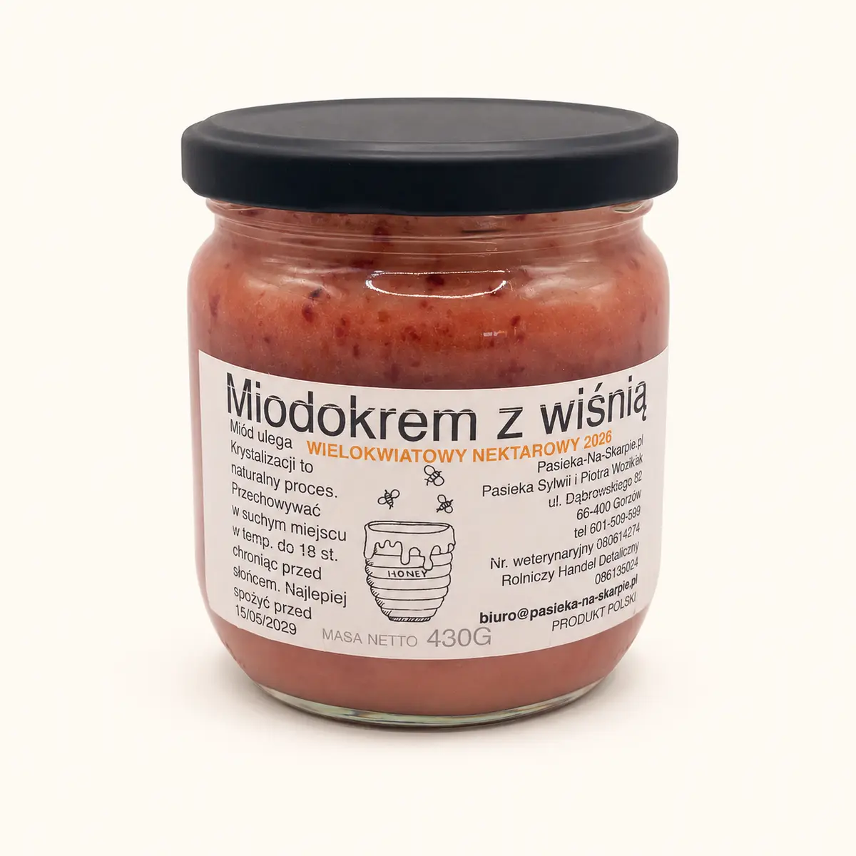 Miodokrem z wiśnią 430 g – Pasieka Na Skarpie