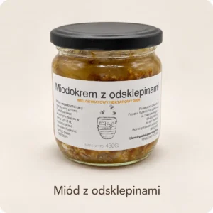 Słoik miodokremu z odsklepinami 430 g z etykietą Pasieki Na Skarpie