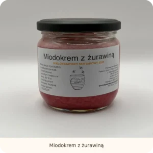 Słoik miodokremu z żurawiną z etykietą Pasieki Na Skarpie